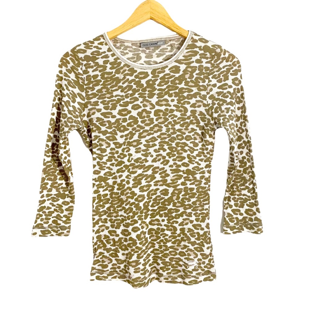 Oleg Cassini Sport Leopard Print Thermal Waffle Knit Top, Size Small